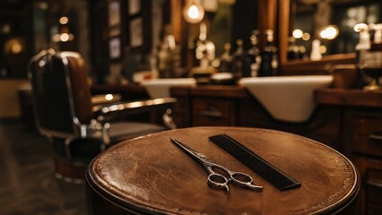 Obraz premium barber. Barber shop scene with neatly placed scissors and comb on a leather stool under warm lighting. lifestyle magazines.