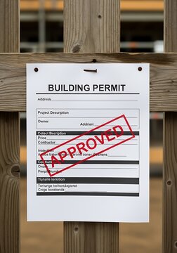Approved Building Permit Posted on Wooden Fence.