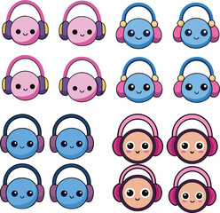 Obraz premium Cute Kawaii Headphone Cartoon Character Icons Collection Vector Set for Audio Lovers