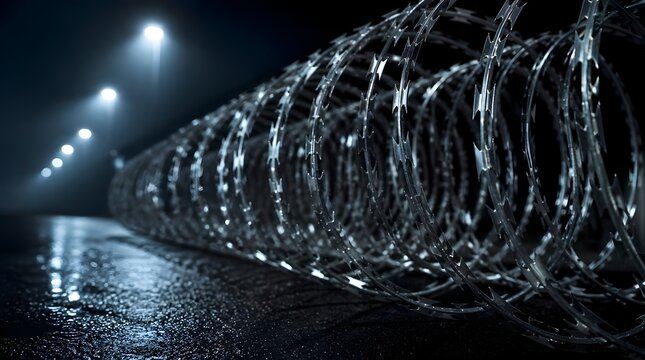 Razor wire fence at night under streetlights with wet ground reflection.
