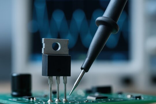 Checking circuit components on a green printed circuit board with a probe