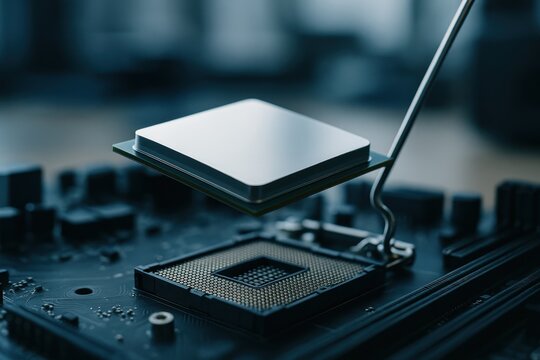 Working on a computer processor installation in a technology lab environment