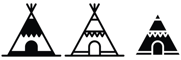 Black silhouette teepee tent icons in different styles on white background for travel and camping conceptual use © Prime Stocks