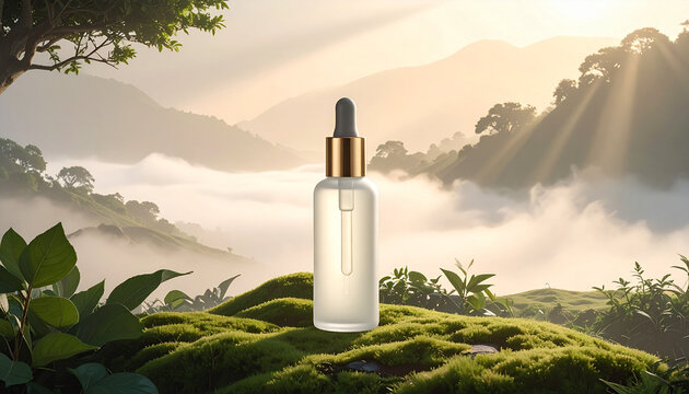 Eco Skincare Bottle in Green Landscape

