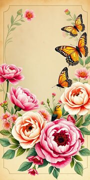 Vintage Floral Border with Butterflies and Roses