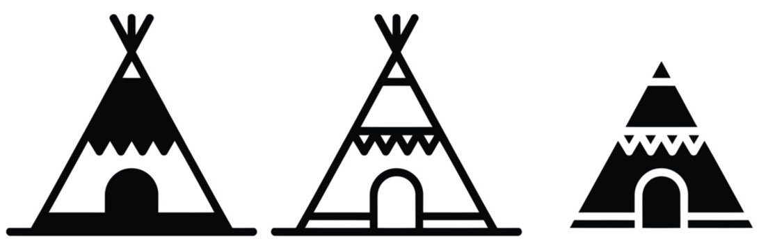 Black silhouette teepee tent icons in different styles on white background for travel and camping conceptual use