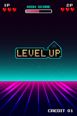 Level up. pixel art 8 bit. Retro Futurism Sci-Fi Background. glowing neon grid. and stars from vintage arcade computer games. Vertical Backgrounds © Sumeth