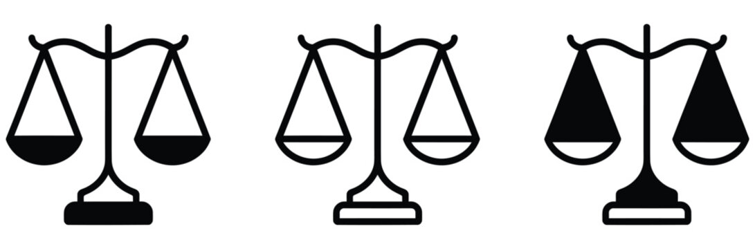 Set of balance scales icons in different states of equilibrium and imbalance for law, Justice, And business concepts