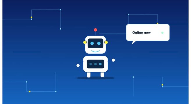 Friendly ai chatbot assistant with online now speech bubble animation artificial intelligence