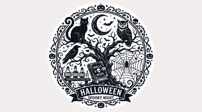 Halloween Spooky Night Illustration with Witchy Elements