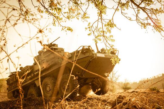A powerful low-angle shot of a green armored military vehicle (APC) leaping over a dirt ridge, framed by tree branches under a brilliant golden sunset sky.