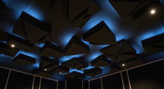 Modern Acoustic Ceiling Baffles with Ambient Blue Lighting in a Sound Controlled Room