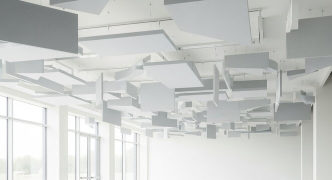 Modern white acoustic baffling panels suspended from a bright ceiling in a contemporary interior space