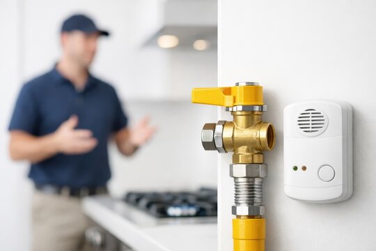 Technician checks gas line safety system in modern kitchen during home inspection