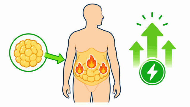 Illustration showing body's fat cells burning for energy with upward arrows indicating increased metabolism.