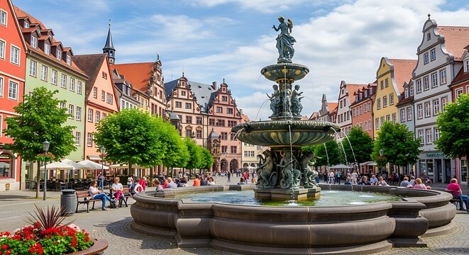 W?rzburg Market Square - A vibrant fountain and historic architecture.