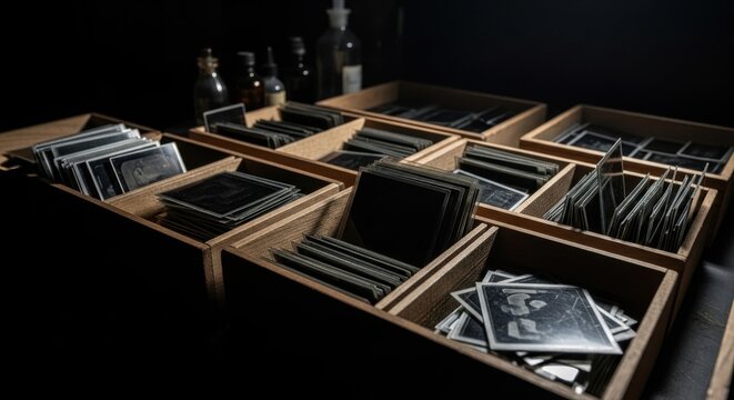 Organized wooden crates filled with vintage glass photographic negatives and antique prints, preserving historical visual memories in a darkroom setting.