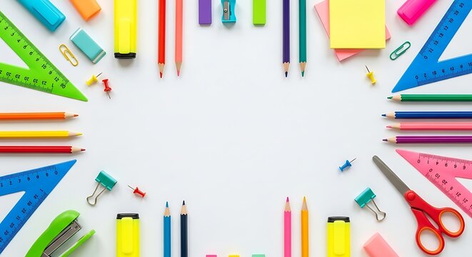 Back to school supplies flat lay colorful stationery for students education and learning