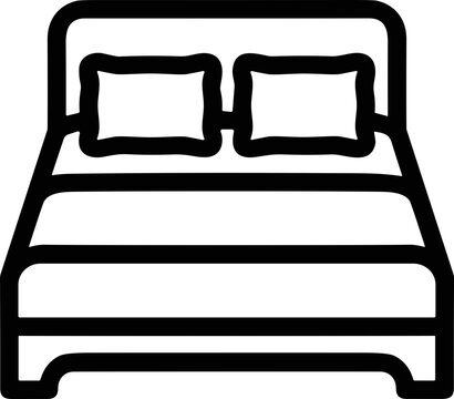 Minimalist double bed icon with two pillows, simple outline illustration, clean design
