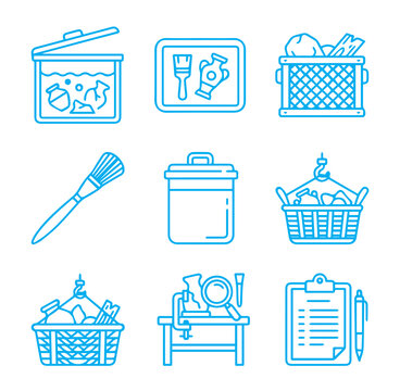 Set of blue line depicting archaeological excavation tools, storage crates, artifacts, and documentation clipboard on white background