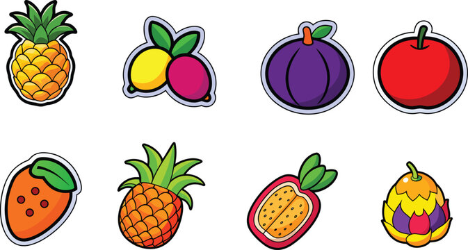 Exotic tropical fruit sticker collection with white borders featuring pineapple and dragonfruit