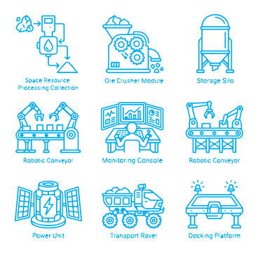 Set of blue line showing space resource processing modules, robotic conveyors, monitoring consoles, power units, and transport rovers