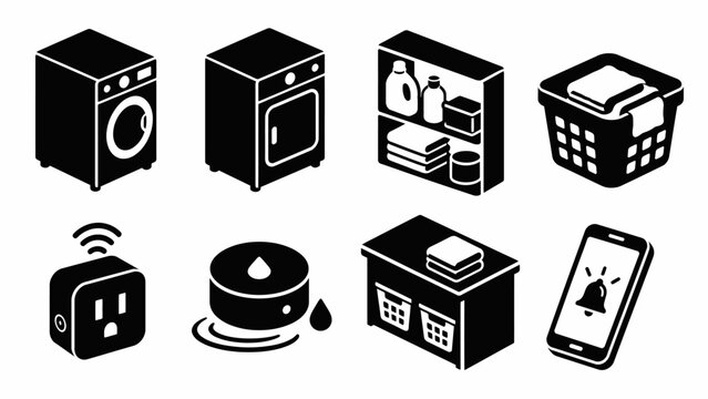 Household appliances and laundry icons including washer, dryer, and smart devices
