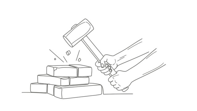 Minimalist Line Art Illustration of Hands Smashing Bricks with a Sledgehammer, Concept of Breaking Barriers and Overcoming Obstacles