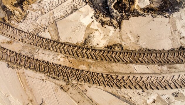 Aerial view of textured earth with tire tracks and soil patterns