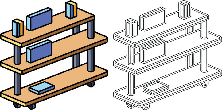 Isometric rolling book cart icon sticker with colored and outline versions
