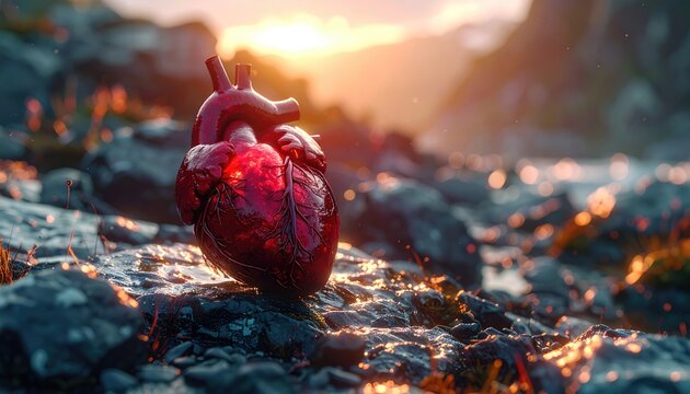A glowing, anatomically correct heart rests on wet rocks at sunset