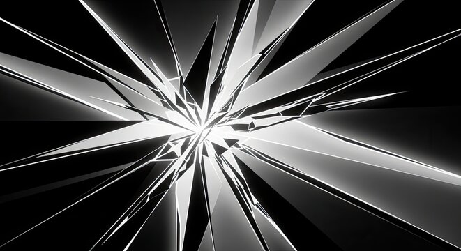 Abstract monochrome geometric shards exploding from a central light