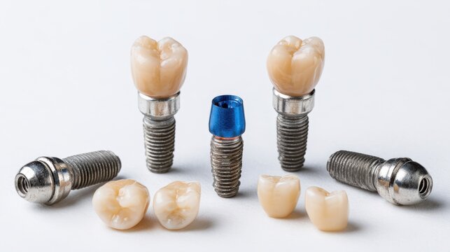 Dental implants with artificial teeth and abutments displayed on a white surface.
