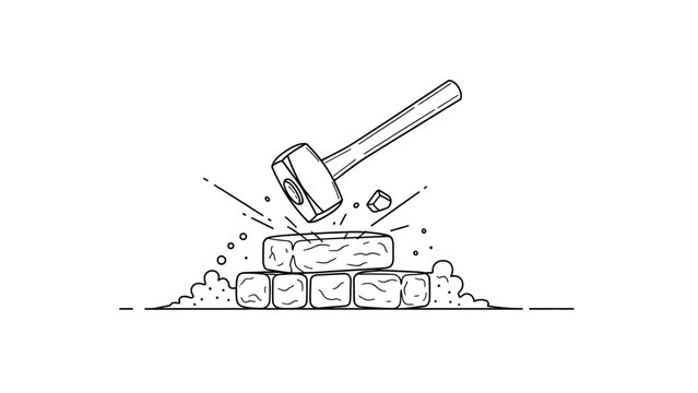 Minimalist Sledgehammer Hitting Bricks Illustration, Demolition and Breaking Barriers Concept