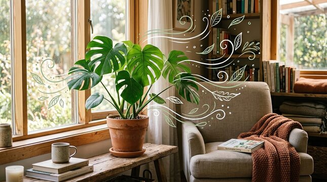 Monstera plant in terracotta pot by window with reading chair and books