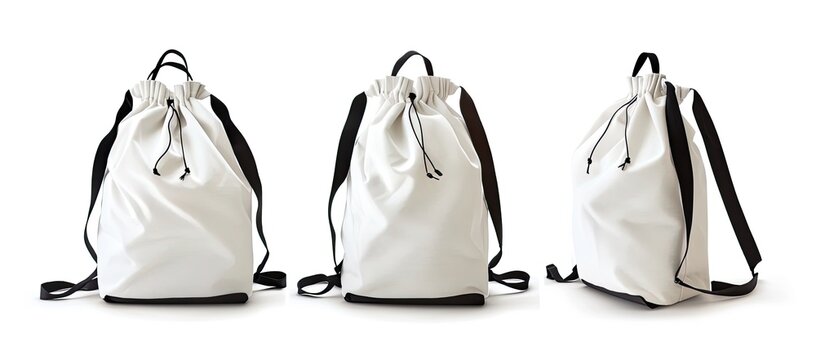 Three isolated, minimalist, white drawstring backpacks with black straps, photographed against a white background