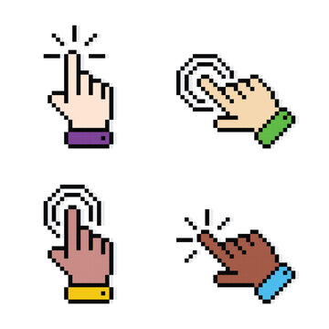 Pixel Art Hand Click Icons Set, Touch Gesture Cursor Collection Retro UI Interface Symbols