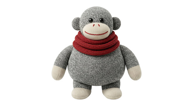 Sock monkey toy with red scarf