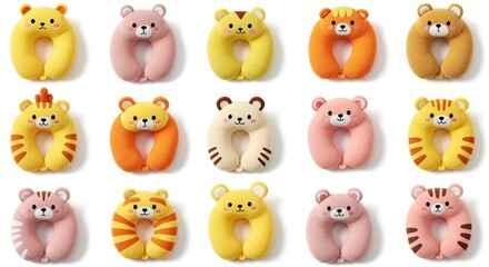 Obraz premium Array of colorful animal themed soft travel neck pillows.