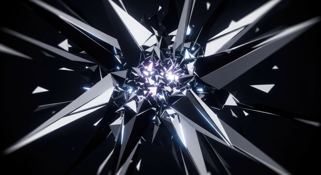 Abstract monochrome geometric shards exploding from central light