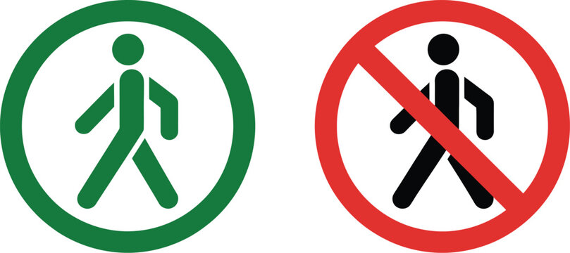 Pedestrian crossing, and no crossing sign icon set, traffic rules symbols with zebra crossing and prohibition signs for road safety and pedestrian control concepts.