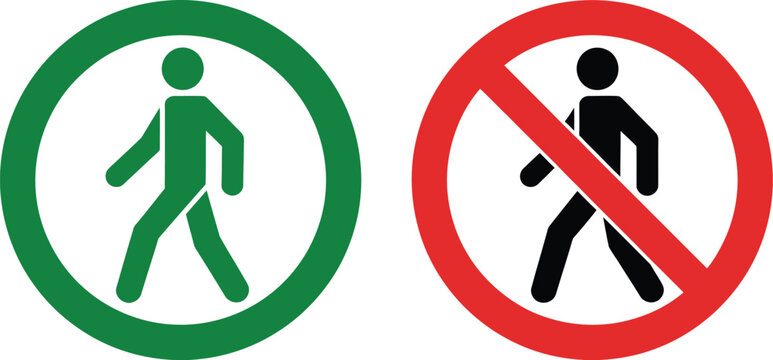 Pedestrian, crossing and no crossing sign icon set, traffic safety symbols showing zebra crossing warning and prohibition for road regulation and safety control.
