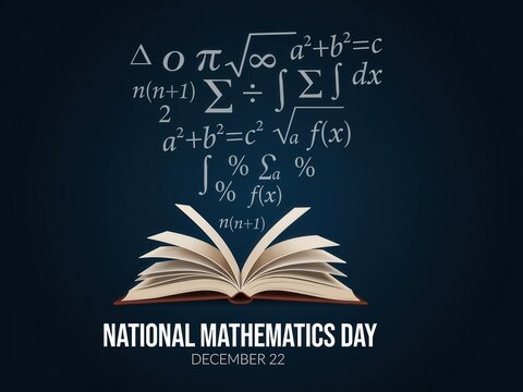 National mathematics day concept with open book and mathematical symbols on dark blue background