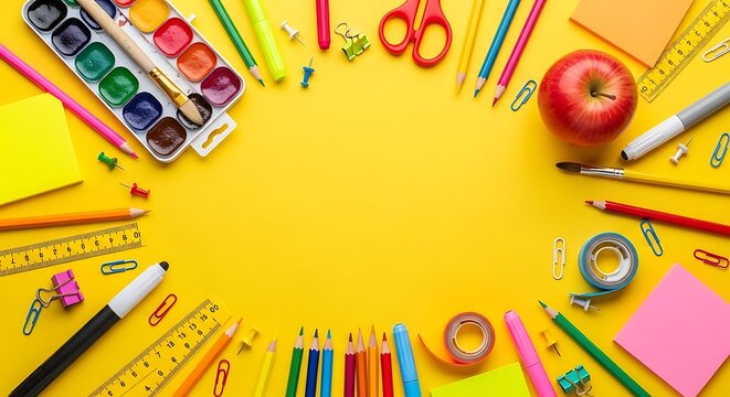 Back to school supplies flat lay watercolor paints stationery and classroom essentials on yellow background