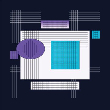 Abstract geometric composition with grid patterns and basic shapes for modern design projects in simple flat graphic vector style.