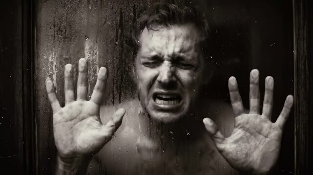 Man trapped behind glass screaming in distress and fear.