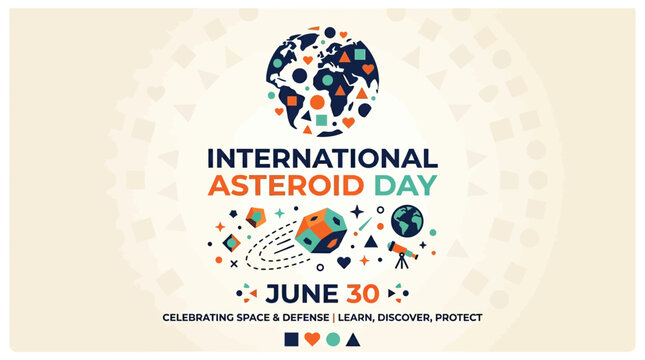 A creative flat design graphic featuring a stylized planet earth icon alongside a colorful geometric asteroid and telescope illustration to commemorate the annual international asteroid day event.