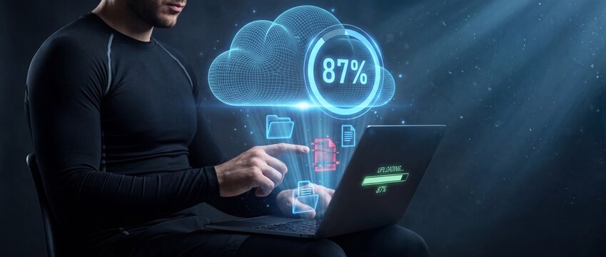 Man uploading data to cloud storage on laptop