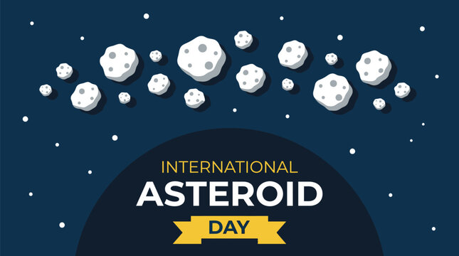 A collection of various grey cratered asteroids floating in space with bold yellow typography for international asteroid day displayed in a flat vector art style with clean minimalist graphic design.