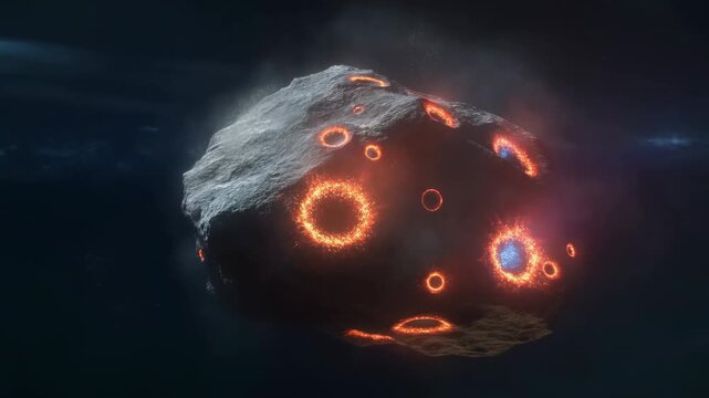 Fiery asteroid glowing in space: majestic cosmic rock journey across the universe